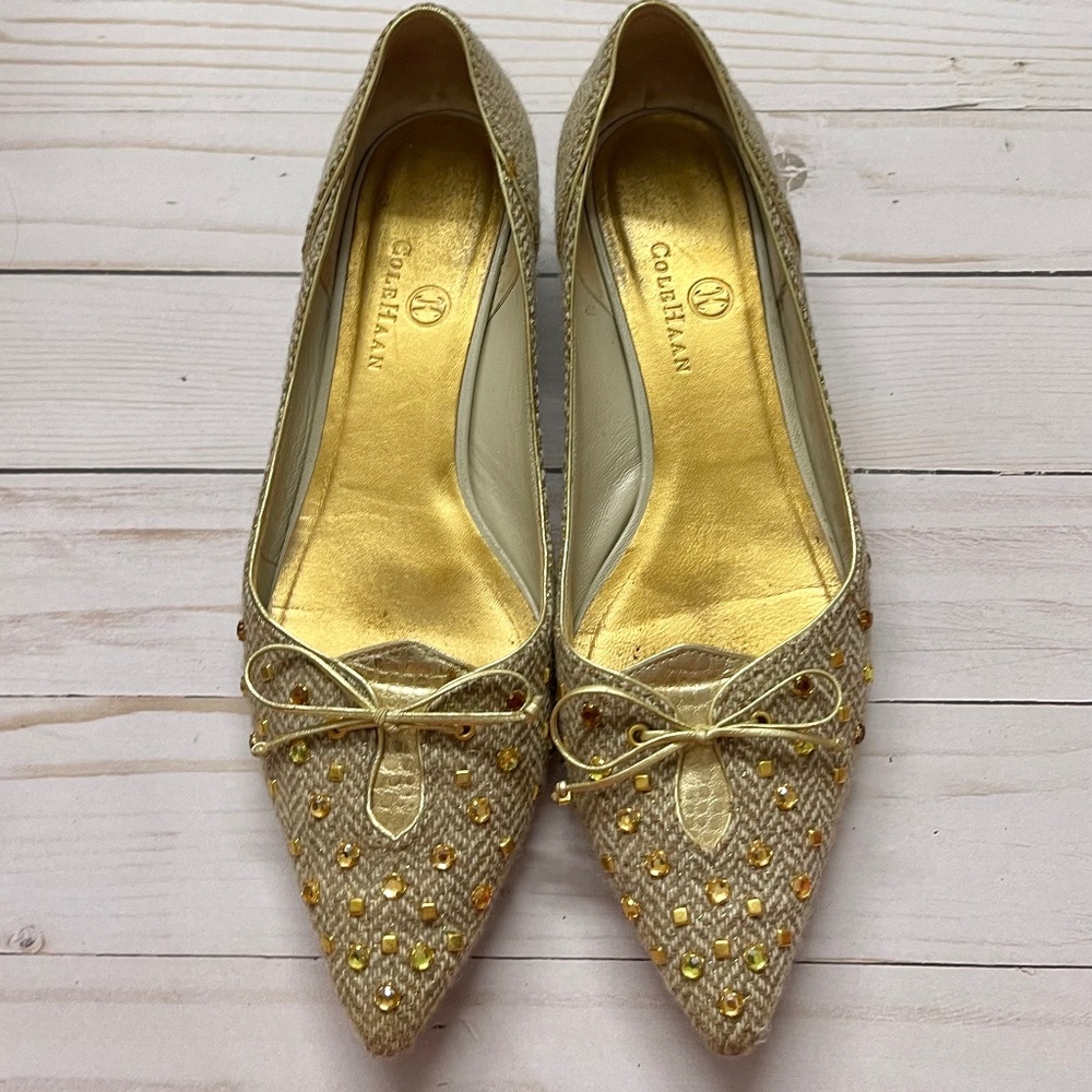 COLE HAAN Jeweled Crystal Wool Herringbone Flat Shoes Size 6.5